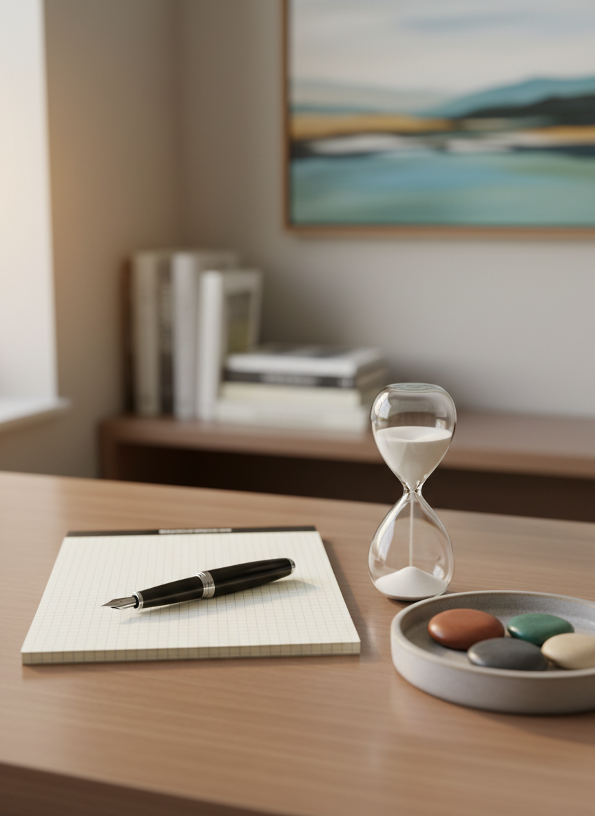 Cozy indoor seating with scenic mountain view A close-up of a clean wooden desk in a professional counseling office, featuring a neatly stacked notepad, a high-quality fountain pen, and a small glass hourglass with fine white sand mid-fall. Beside them, a subtle ceramic dish holds smooth, polished worry stones in muted earth tones. The background shows a softly blurred view of a tidy bookshelf and a framed abstract landscape painting. Warm, indirect natural light from an unseen window creates gentle highlights on the pen and hourglass. Photographic realism, shot from a slightly elevated angle, evoking clarity, focus, and thoughtful problem-solving in a modern mental health setting.
