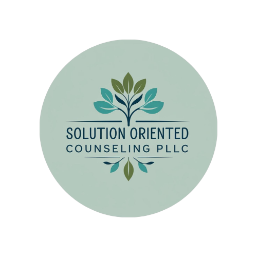 A circular logo for Solution Oriented Counseling PLLC with the white background removed, transparent background, clean edges, and crisp lines, suitable for use in a website header and footer.