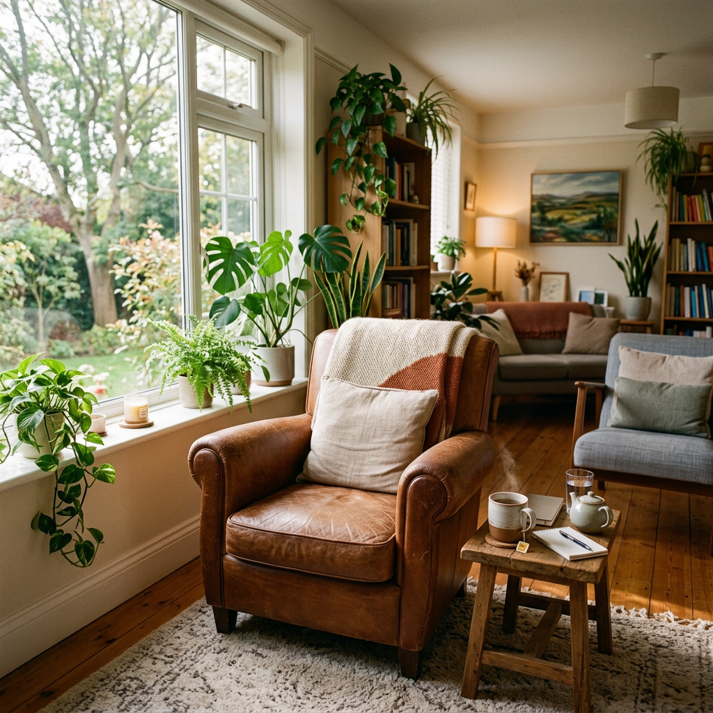 Leather armchair with pillow and blanket near window with lush green plants