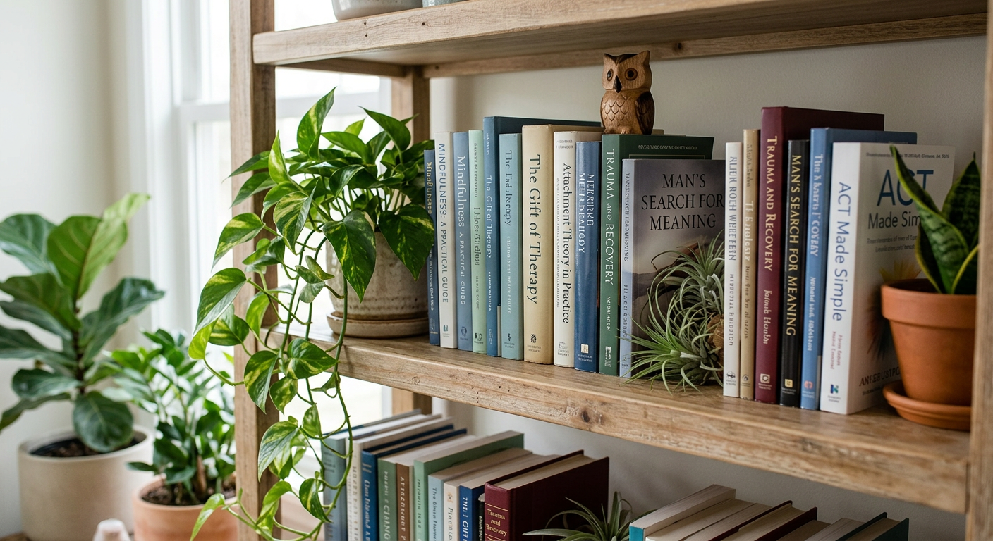 Books on therapy, mindfulness, and recovery with plants on wooden shelves